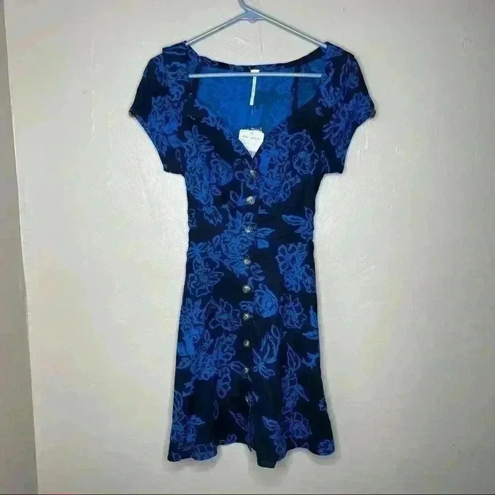 Free People blue floral linen blend mini dress 2